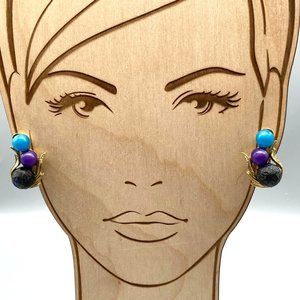 Vintage Colorful Ear Climber Earrings, Brushed Gold Tone Stylized Leaves Blue